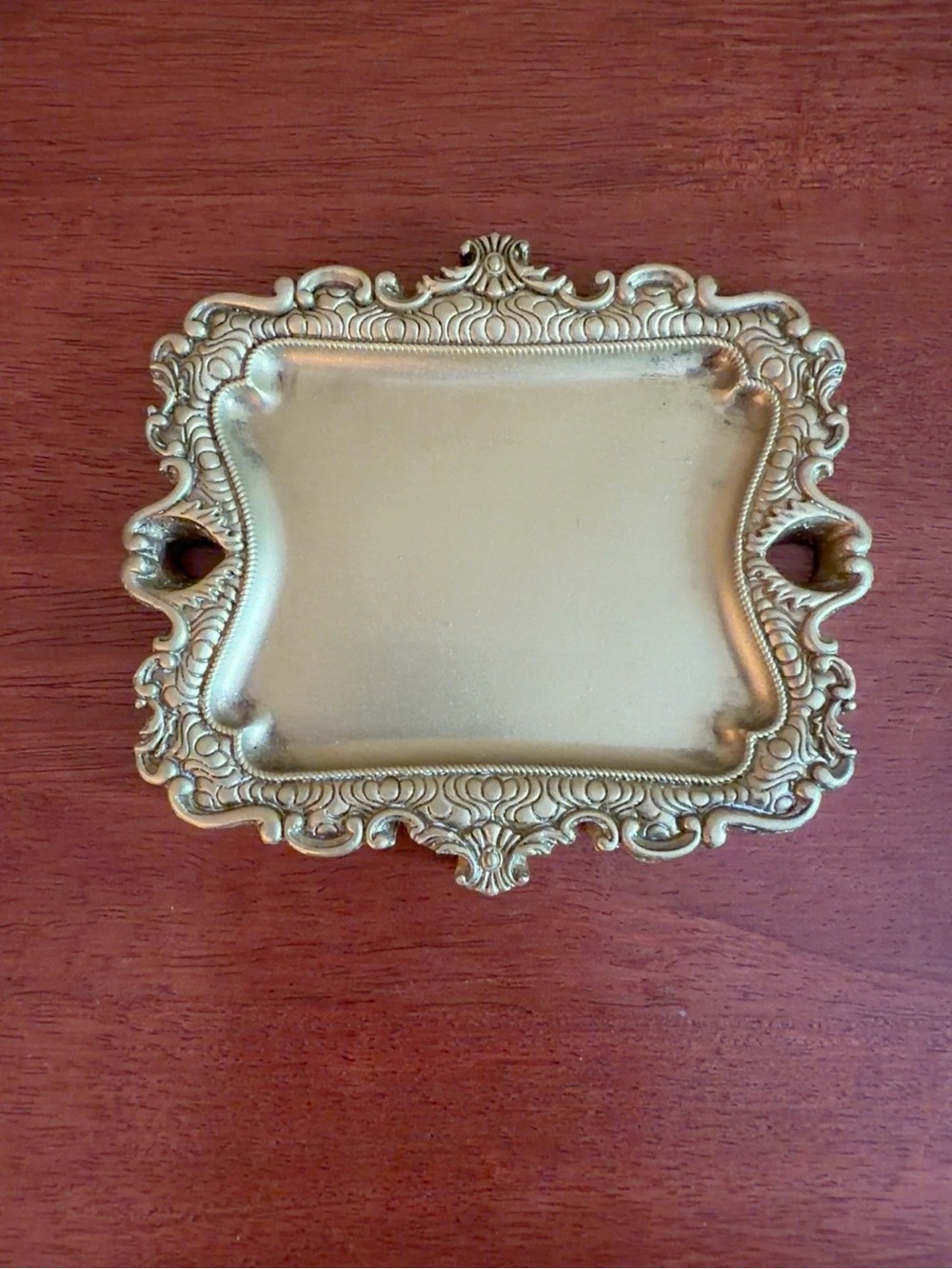 Vintage Gold Ornate Ring Dish Jewelry Tray Vanity Trinket Catchall 5" x 4.5"